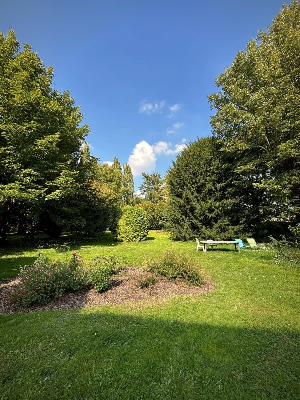 Le jardin d’une des maisons, avec de la pelouse, des arbres et une table de jardin.
